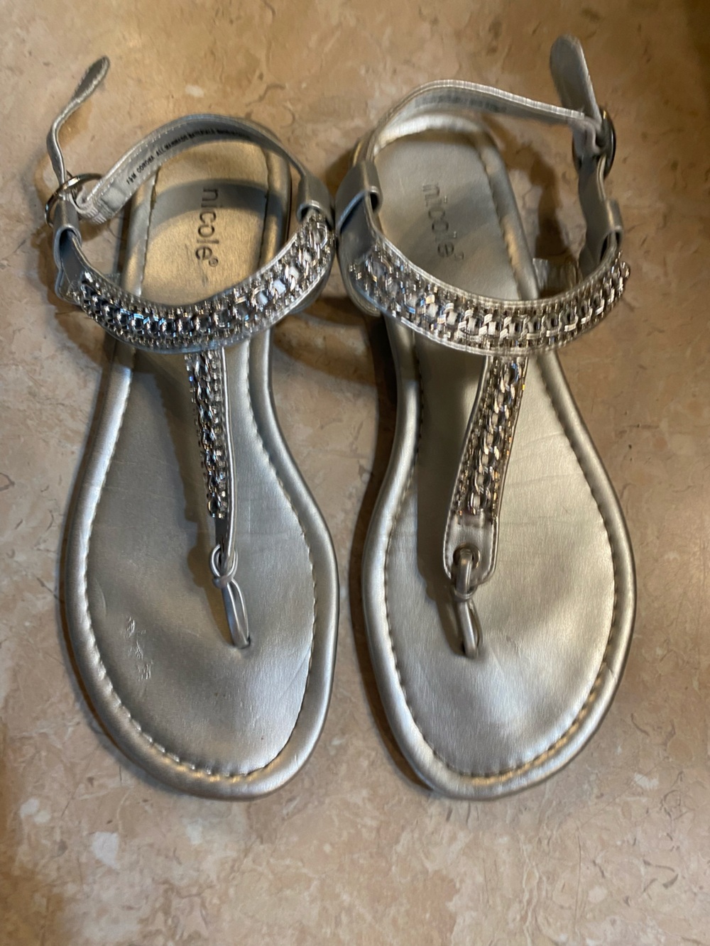 Nicole Silver Embellished T-Strap Sandals
